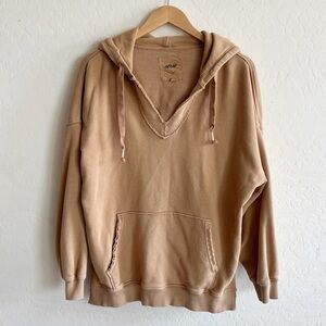 Aerie Barefoot Hoodie V Neck Hooded Cozy Longline Oversized Tan Camel